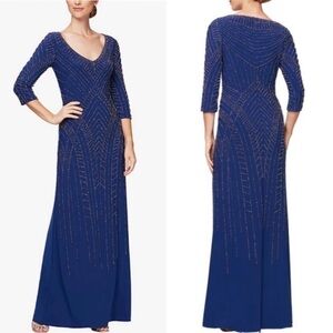 NWT Alex Evenings Long Beaded Fit & Flare Maxi Gown In Bright Blue